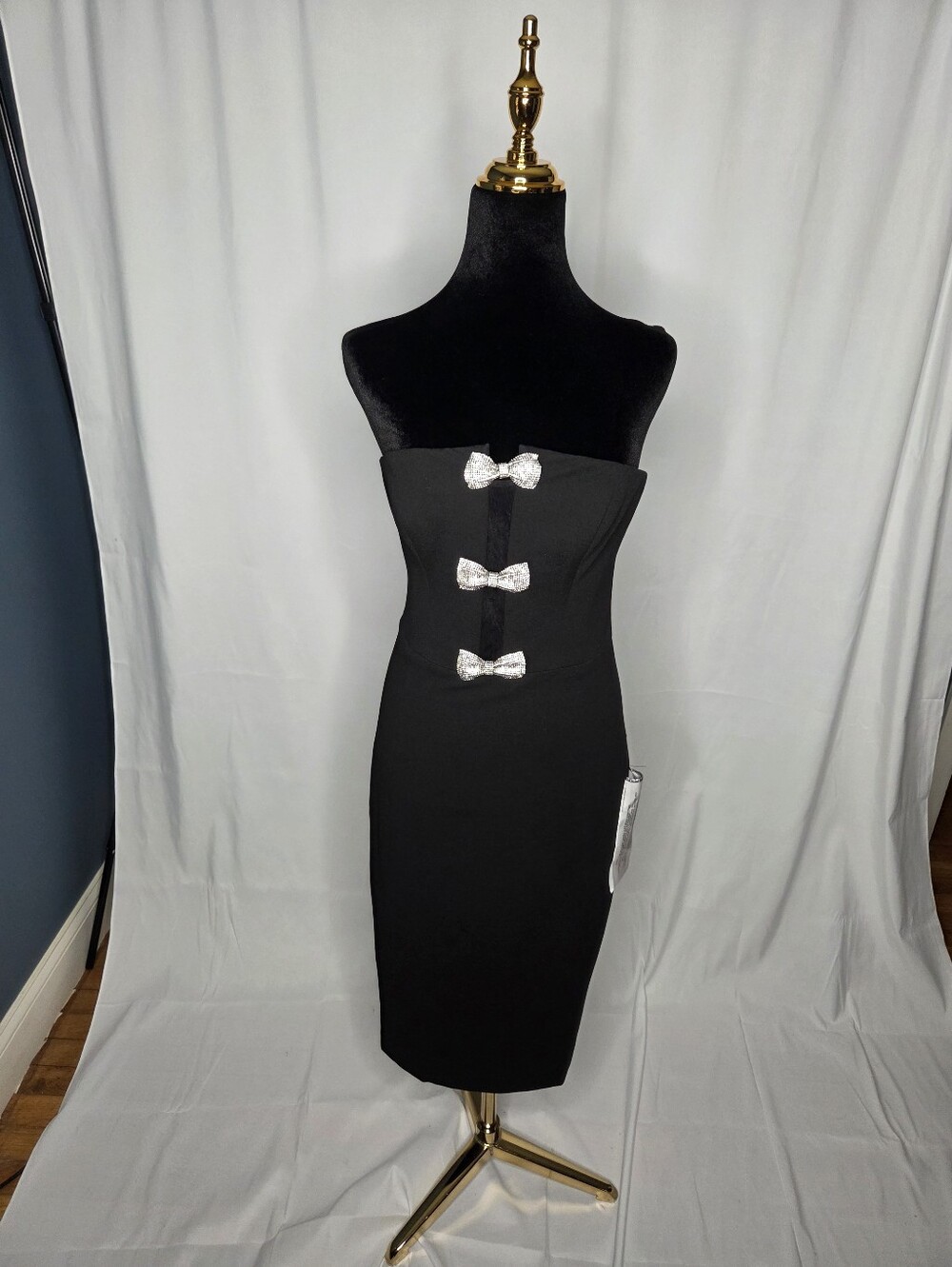 Dress the Population Black Bow Detail Strapless Sheath Dress – Size Medium